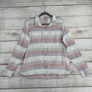 Toad & Co Organic Cotton Striped Button Down Shirt Womens Large White Red Blue